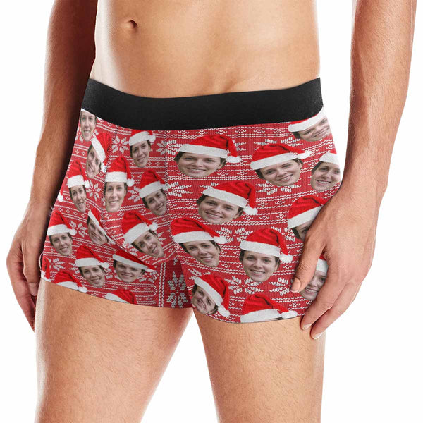 Personalized Men's Boxer Briefs Custom Face Christmas Hat Red Underwear for Boyfriend Husband Men Best Gift for Him