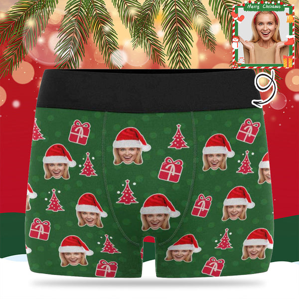 Personalized Men's Boxer Briefs Custom Christmas Hat Green Underwear for Boyfriend Husband Men Best Gift for Him