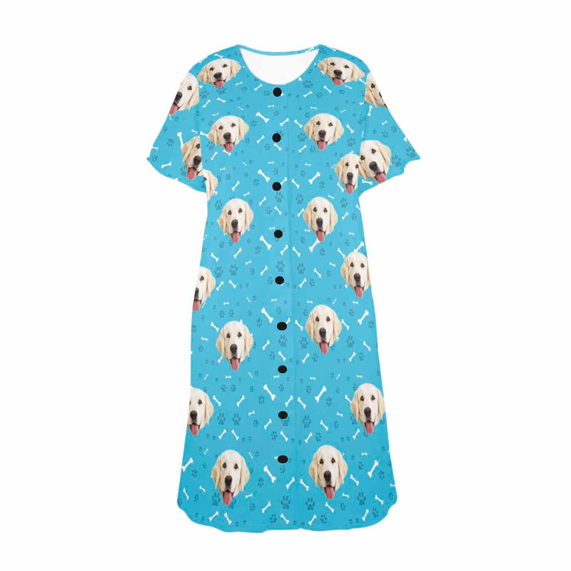 Custom Pet Face Multicolor Women's Short Sleeve Nightshirt Button Down Baggy Nightgown Under Knee Sleepwear Pajama Dress