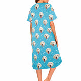 Custom Pet Face Multicolor Women's Short Sleeve Nightshirt Button Down Baggy Nightgown Under Knee Sleepwear Pajama Dress