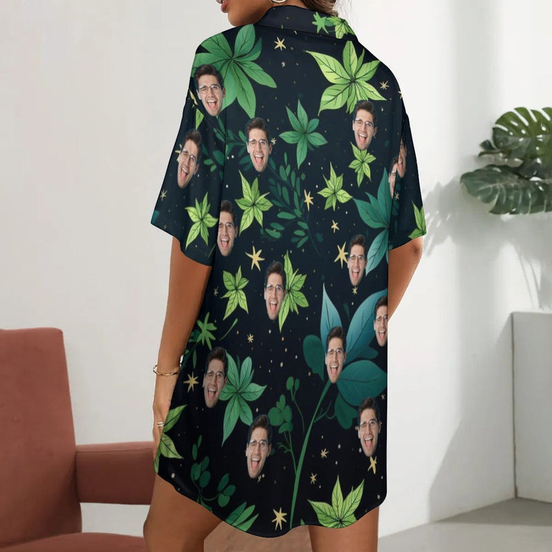 Custom Face Starry Night Green Plant Women's Satin Shirt Nightdress - Black