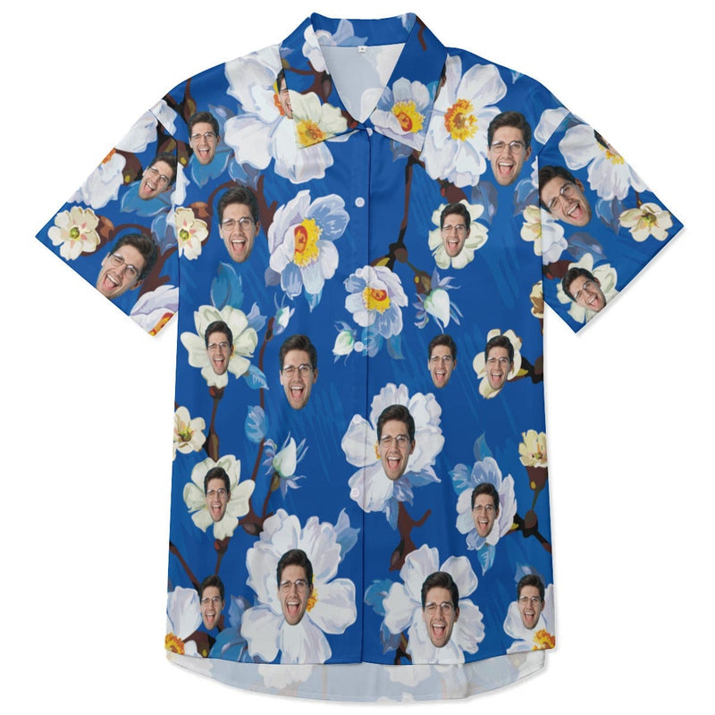 Personalized Women's Satin Nightgown Custom Face Flower Blue Silk Nightshirt Button Down Sleepshirt