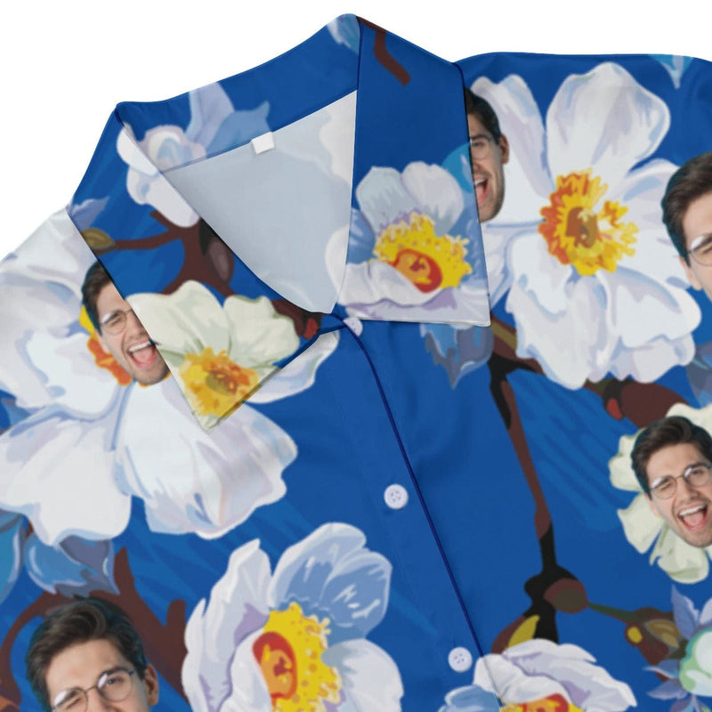 Custom Face Flowers Bloom Women's Satin Shirt Nightdress - Dark Blue