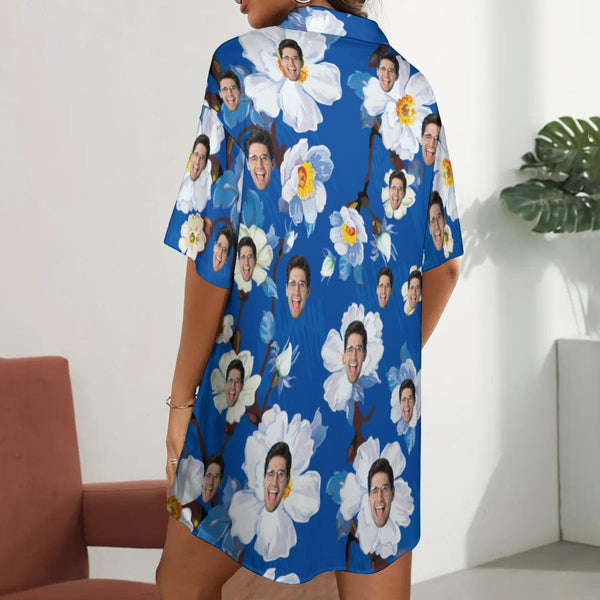 Personalized Women's Satin Nightgown Custom Face Flower Blue Silk Nightshirt Button Down Sleepshirt