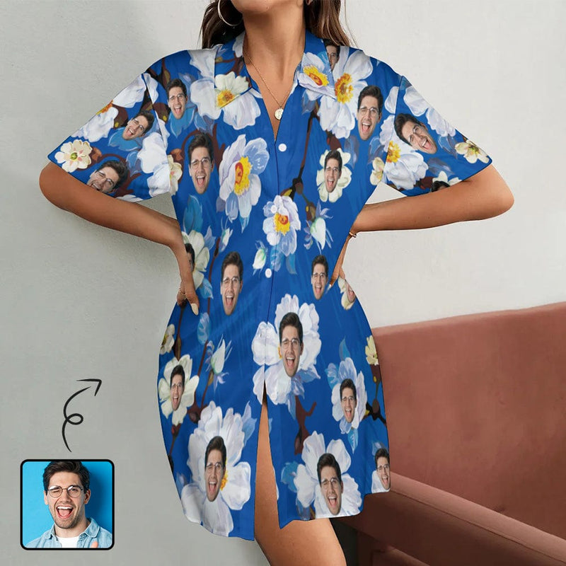 Personalized Women's Satin Nightgown Custom Face Flower Blue Silk Nightshirt Button Down Sleepshirt