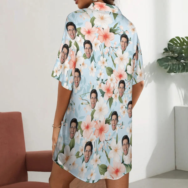 Personalized Women's Satin Nightgown Custom Face Flower Silk Nightshirt Button Down Sleepshirt