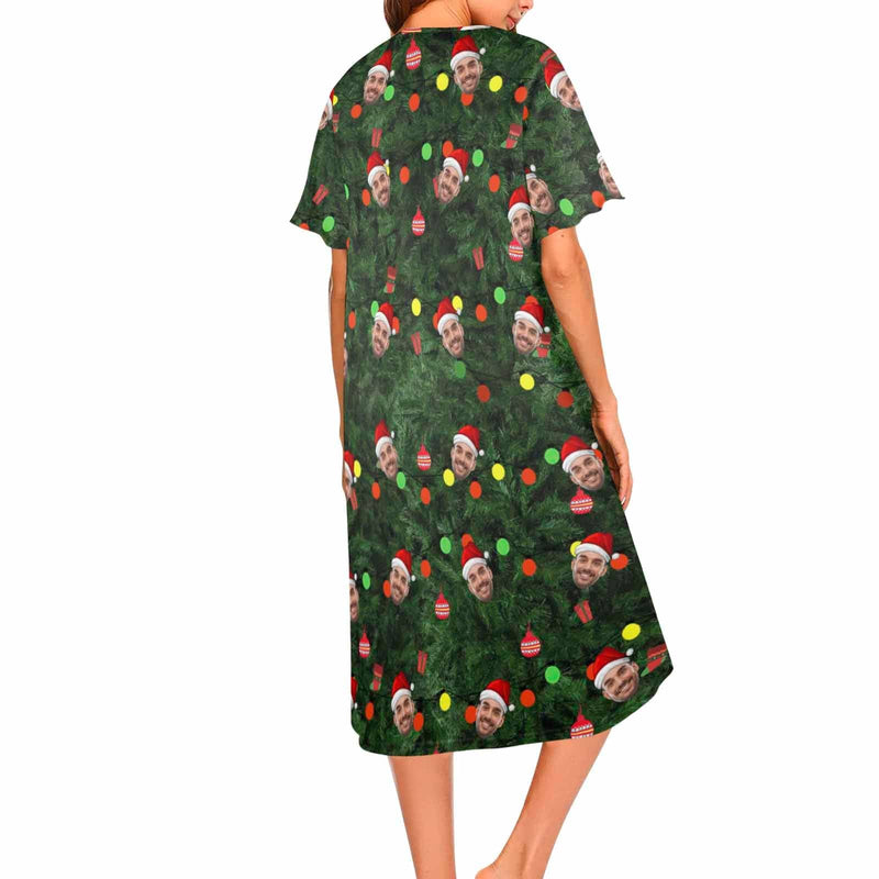 Custom Face Christmas Print Women's Pajama Dress - Green