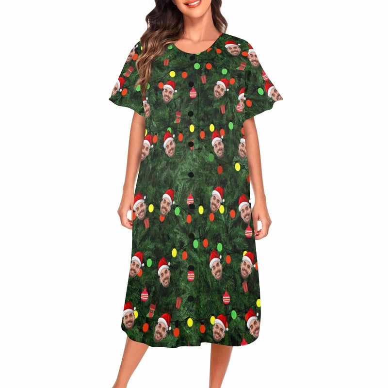 Custom Face Christmas Print Women's Pajama Dress - Green