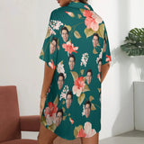 Custom Face Flowers Bloom Women's Satin Shirt Nightdress - Green