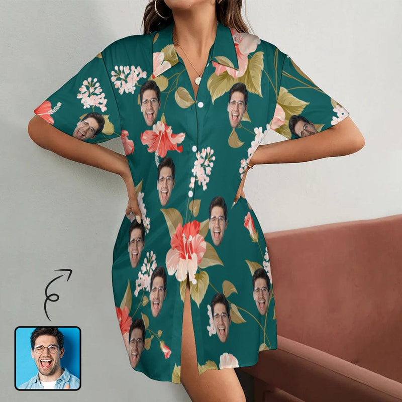 Custom Face Flowers Bloom Women's Satin Shirt Nightdress - Green