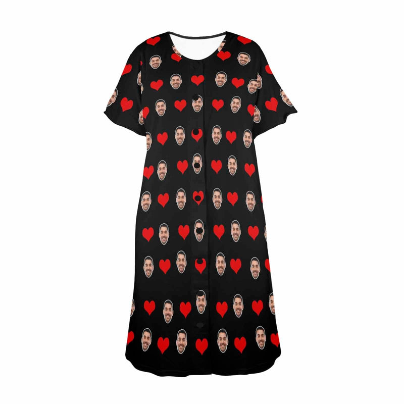 Custom Face Love Heart Black Women's Short Sleeve Nightshirt Button Down Baggy Nightgown Under Knee Sleepwear Pajama Dress