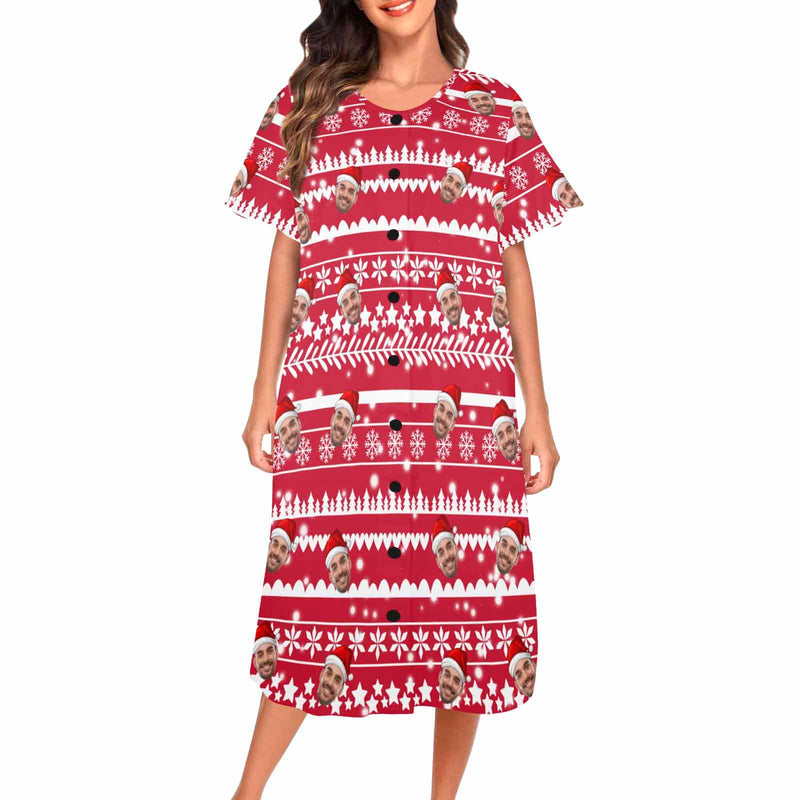 Custom Face Christmas Snowflake Pattern Women's Pajama Dress - Red