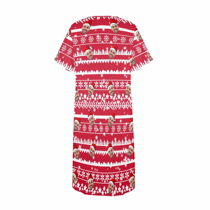 Custom Face Christmas Snowflake Pattern Women's Pajama Dress - Red