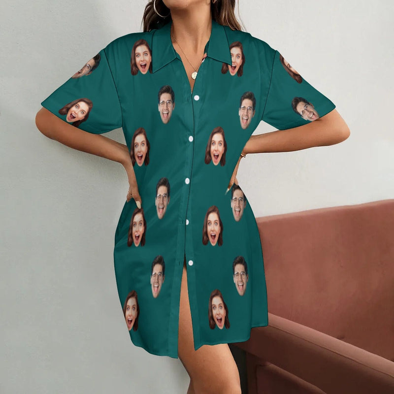 Personalized Women's Satin Nightgown Custom Face Solid Color Silk Nightshirt Button Down Sleepshirt