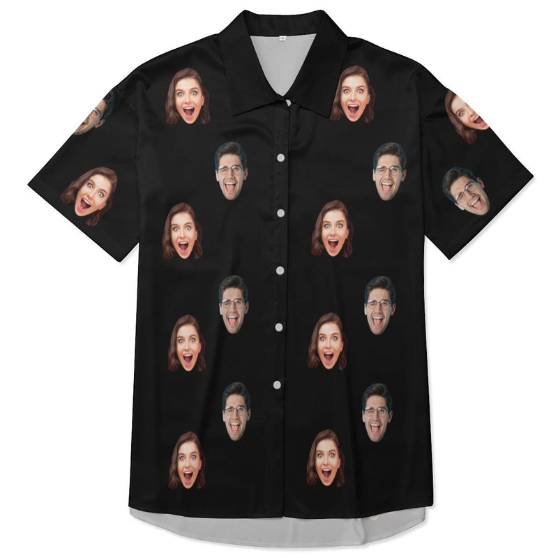 Custom Face Solid Color Women's Satin Shirt Nightdress - Black