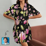 Custom Face Pink Flower Blooming Women's Satin Shirt Nightdress - Black