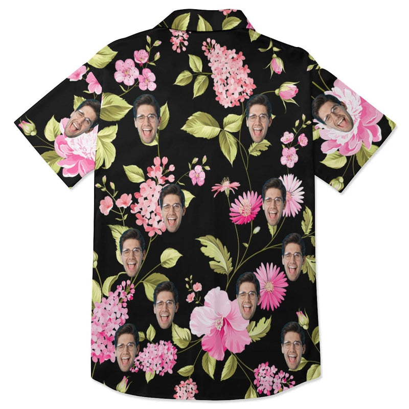 Custom Face Pink Flower Blooming Women's Satin Shirt Nightdress - Black