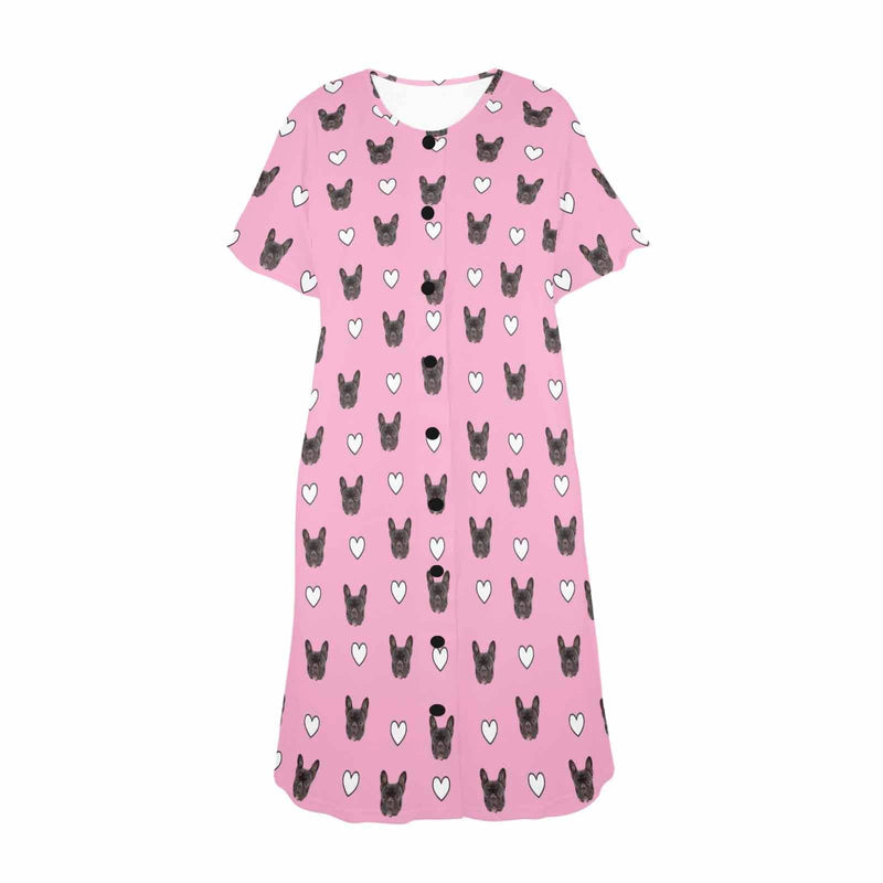 Custom Face Heart Pink Women's Short Sleeve Nightshirt Button Down Baggy Nightgown Under Knee Sleepwear Pajama Dress