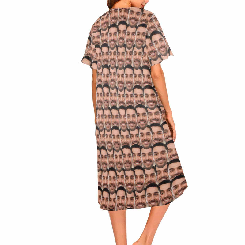 Custom Seamless Face Women's Short Sleeve Nightshirt Button Down Baggy Nightgown Under Knee Sleepwear Pajama Dress