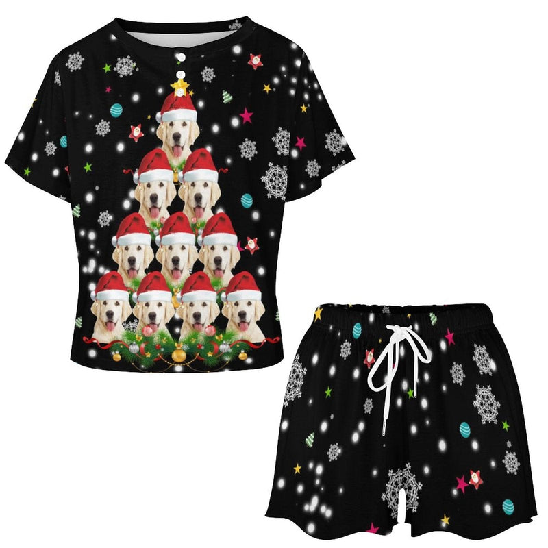 Custom Pet Face Christmas Dog Tree Black Pajama Set Women's Short Sleeve Top and Shorts Loungewear Athletic Tracksuits