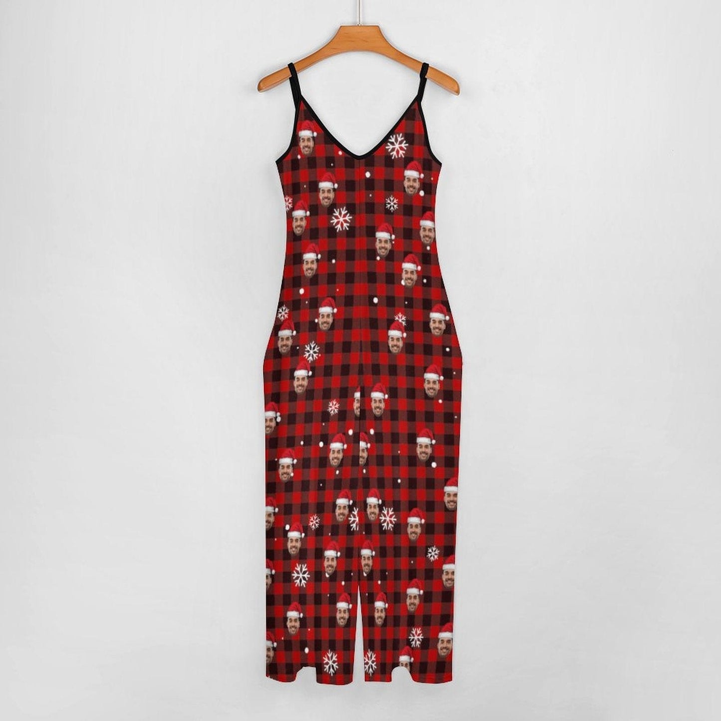 Custom Red Plaid Christmas Hat Women's Suspender Jumpsuit Loungewear Persoanlized Sleepwear