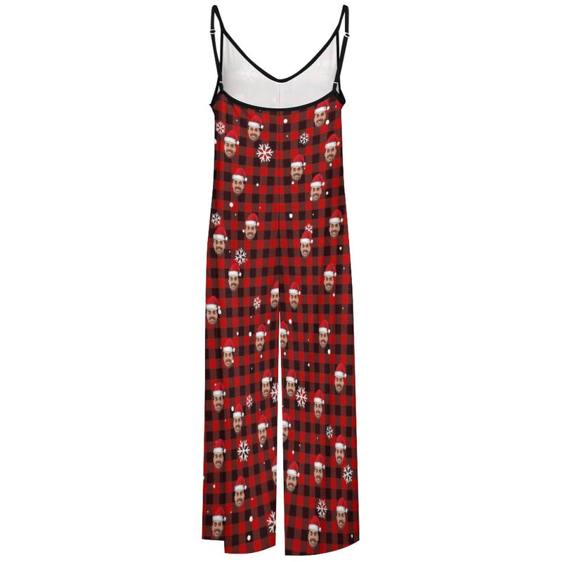 Custom Red Plaid Christmas Hat Women's Suspender Jumpsuit Loungewear Persoanlized Sleepwear