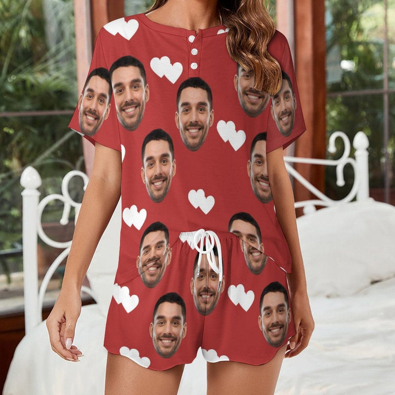 Custom Face Love Heart Pajama Set Women's Short Sleeve Top and Shorts Loungewear Athletic Tracksuits