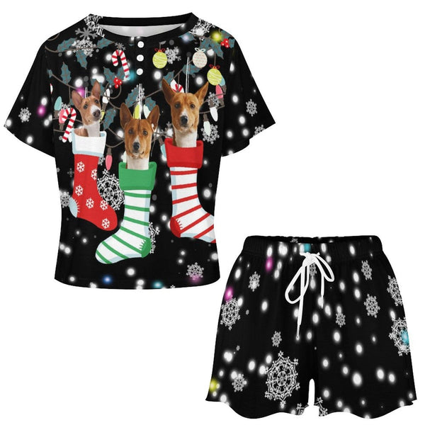 Custom Pet Face Dog Christmas Socks Pajama Set Women's Short Sleeve Top and Shorts Loungewear Athletic Tracksuits