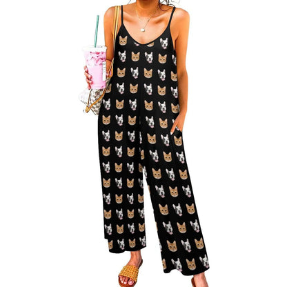 Custom Pet Face  Black Women's Suspender Jumpsuit Loungewear Persoanlized Sleepwear