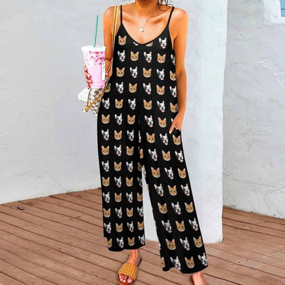 Custom Pet Face  Black Women's Suspender Jumpsuit Loungewear Persoanlized Sleepwear