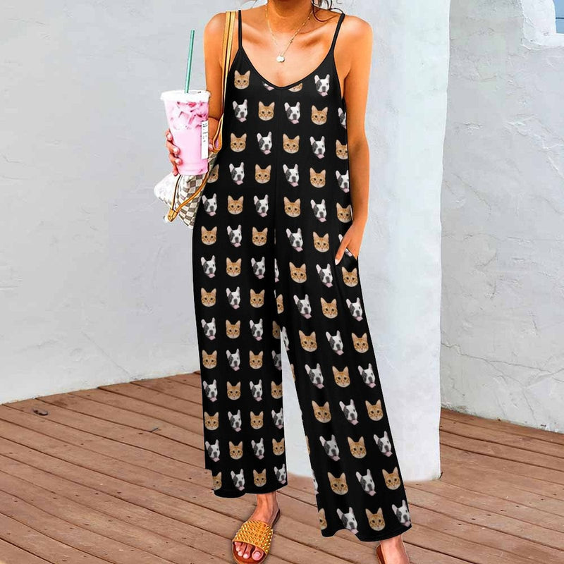 Custom Pet Face  Black Women's Suspender Jumpsuit Loungewear Persoanlized Sleepwear