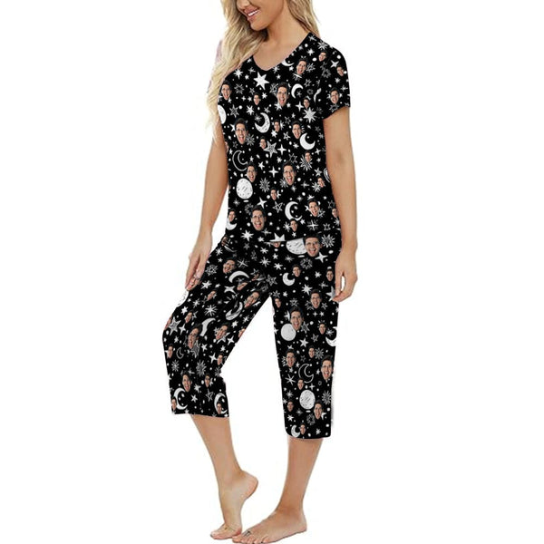 Personalized Sleepwear Pajama Set Custom Face Star Moon Black Women's Loungewear Set Short Sleeve Shirt and Capri Pants