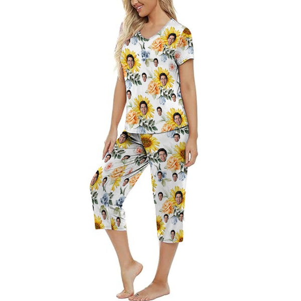 Personalized Sleepwear Pajama Set Custom Face Yellow Flowers Women's Loungewear Set Short Sleeve Shirt and Capri Pants