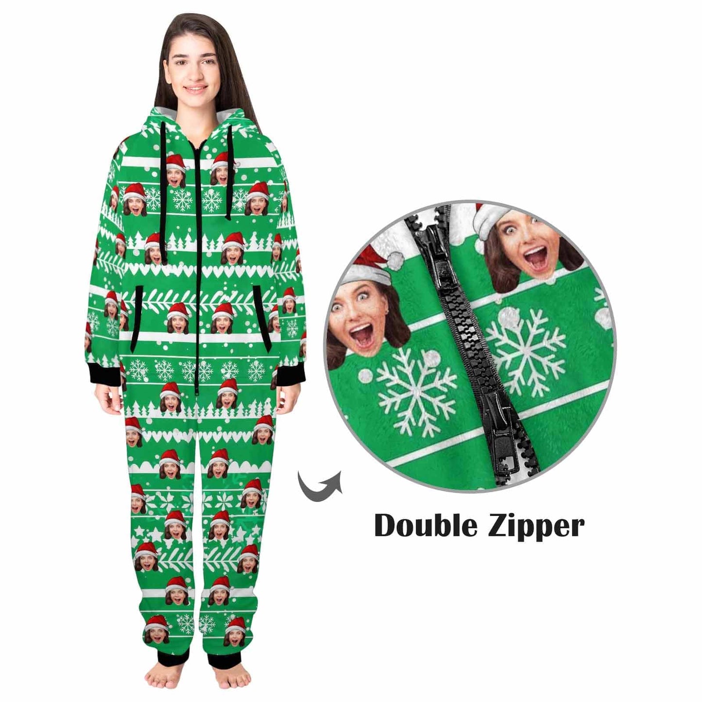 Custom Face Christmas Hat Onesie Pajamas Flannel Fleece Adult Jumpsuit Homewear