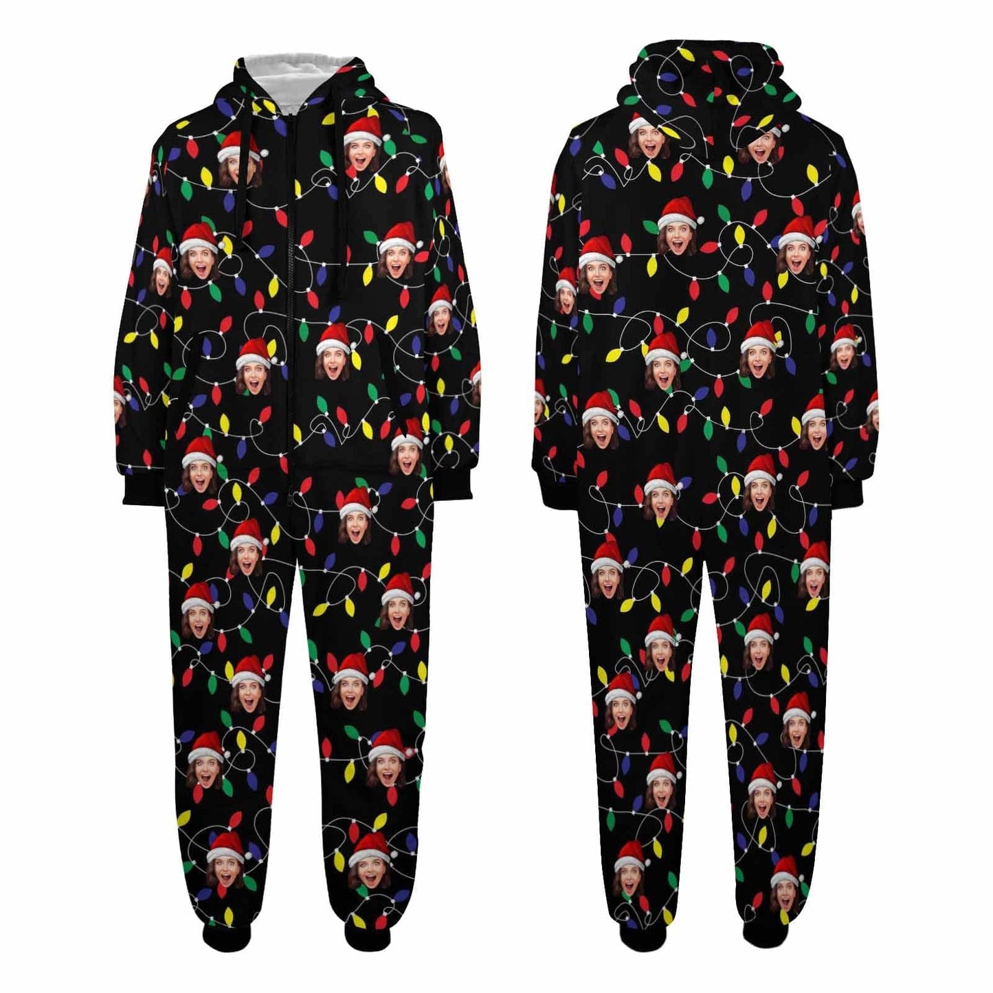 Custom Face Christmas Lights Onesie Pajamas Flannel Fleece Adult Jumpsuit Homewear