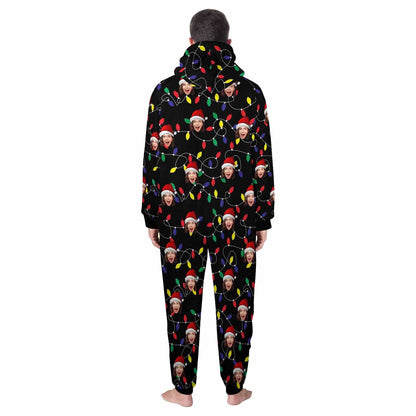 Custom Face Christmas Lights Onesie Pajamas Flannel Fleece Adult Jumpsuit Homewear