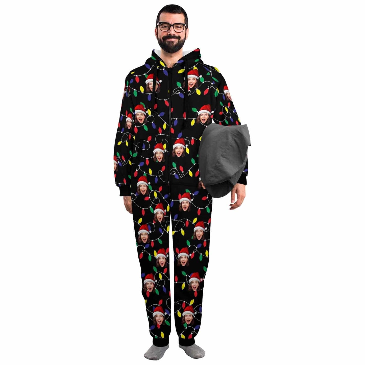 Custom Face Christmas Lights Onesie Pajamas Flannel Fleece Adult Jumpsuit Homewear