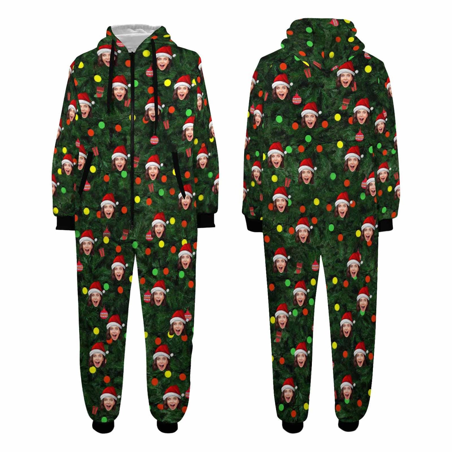 Custom Face Green Christmas Tree Onesie Pajamas Flannel Fleece Adult Jumpsuit Homewear