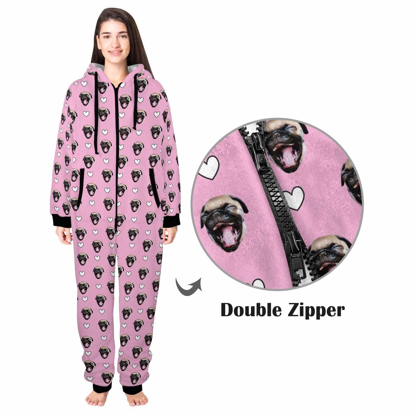 Custom Pet Face Onesie Pajamas Flannel Fleece Adult Jumpsuit Homewear