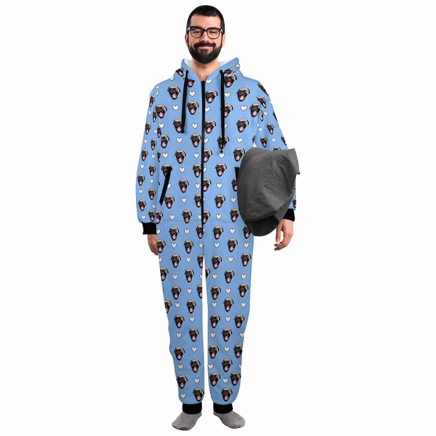 Custom Pet Face Onesie Pajamas Flannel Fleece Adult Jumpsuit Homewear