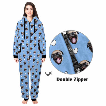 Custom Pet Face Onesie Pajamas Flannel Fleece Adult Jumpsuit Homewear