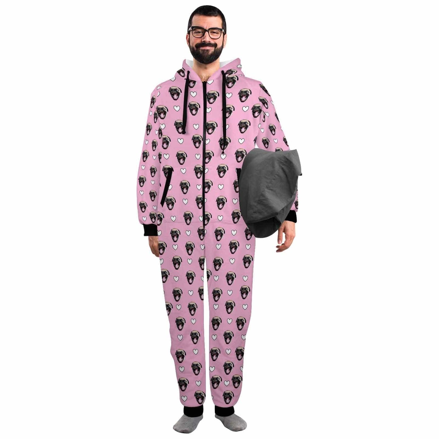 Custom Pet Face Onesie Pajamas Flannel Fleece Adult Jumpsuit Homewear