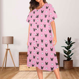 Custom Face Heart Pink Women's Short Sleeve Nightshirt Button Down Baggy Nightgown Under Knee Sleepwear Pajama Dress