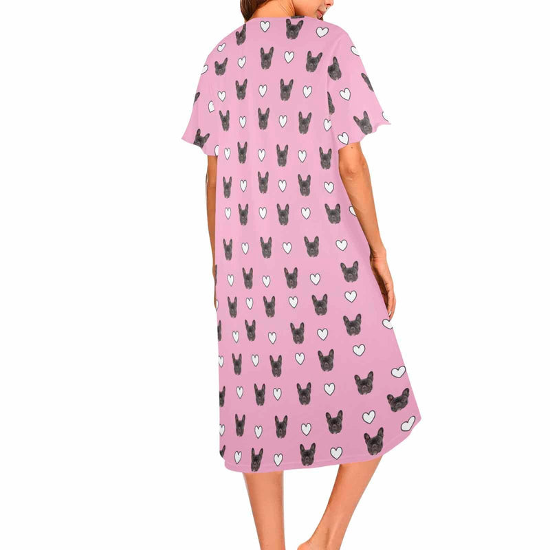 Custom Face Heart Pink Women's Short Sleeve Nightshirt Button Down Baggy Nightgown Under Knee Sleepwear Pajama Dress