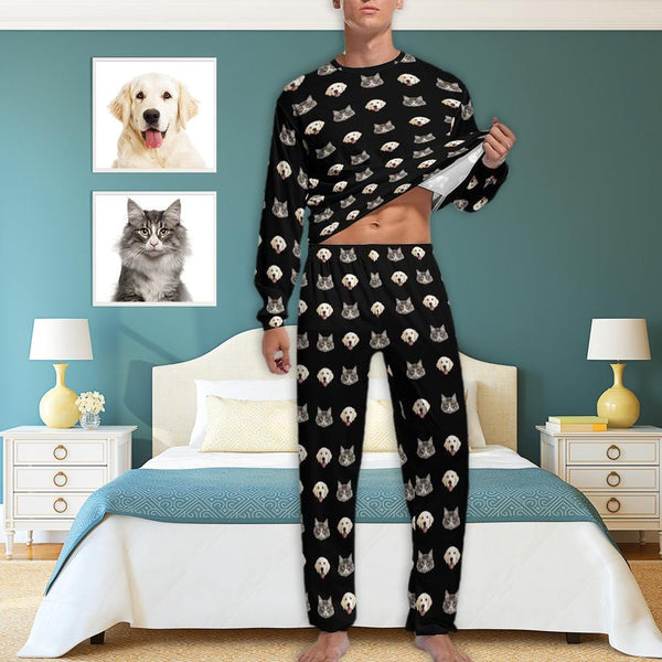 Black Pajamas Custom Pets Face Men's Pajama Set Photo Loungewear