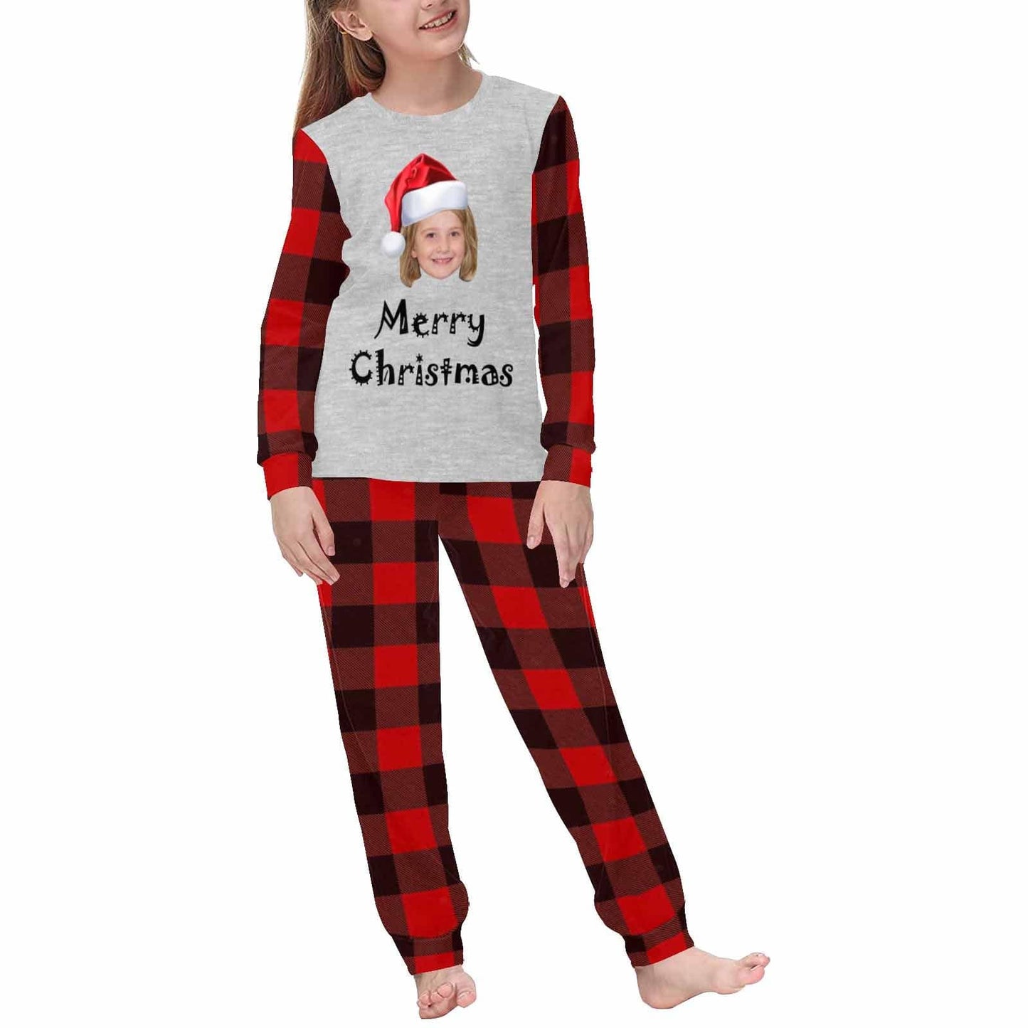 Face Pajamas Custom Face Red Plaid Red Christmas Hat Family Matching Long Sleeve Pajama Set Personalized Photo Loungewear