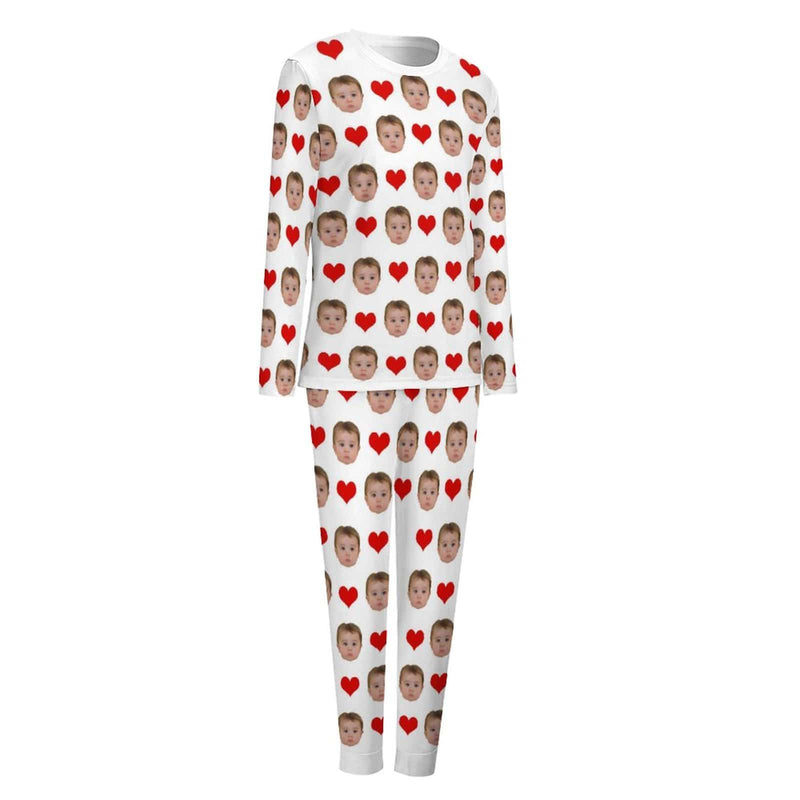 Custom Baby Face Pajamas Love Heart Sleepwear Personalized Women's Slumber Party Crewneck Long Pajamas Set
