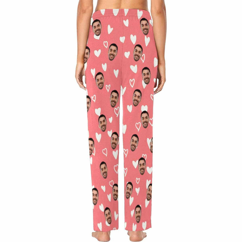 Custom Boyfriend Face Pajamas Heart Pink Background Personalized Women's Slumber Party Long Pajama Set Shirt&Pants