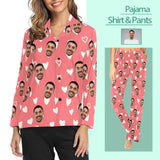Custom Boyfriend Face Heart Pink Long Pajama Set Shirt&Pants For Women