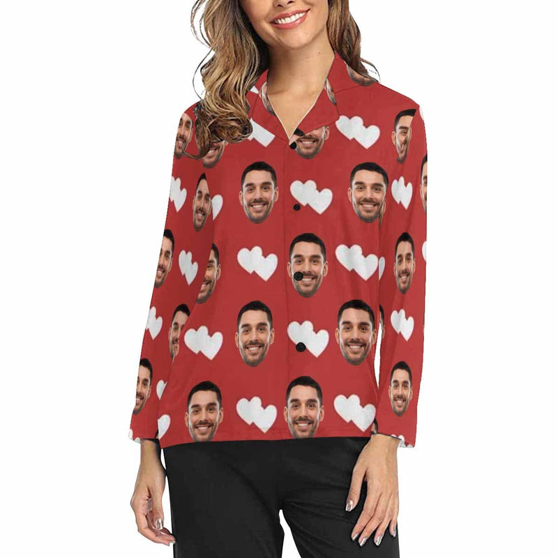 Custom Boyfriend Face Pajamas Heart To Heart Personalized Women's Slumber Party Long Pajama Shirt&Pants